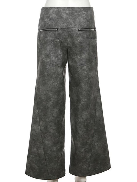 Low Waist Tie Dye Panel Faux Leather Wide Leg Pants - HouseofHalley