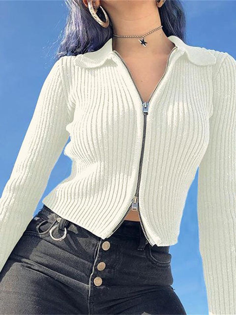 Ribbed Knit Zip-Up Cardigan - HouseofHalley