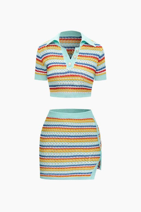 Stripe Open Knit Crop Top And Slit Mini Skirt Set - HouseofHalley
