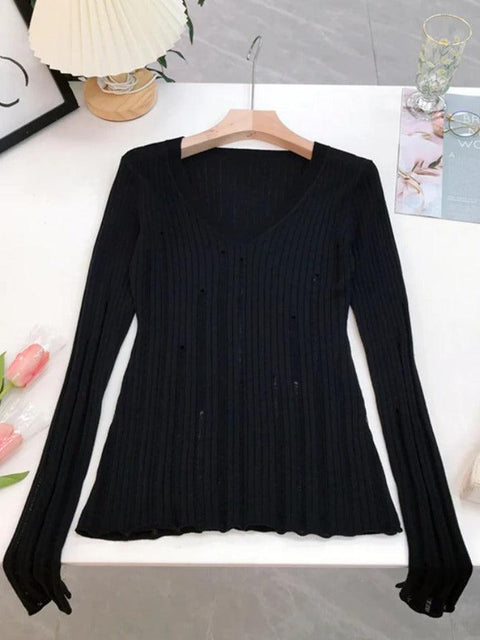 V Neck Slim Cutout Long Sleeve Knit - HouseofHalley