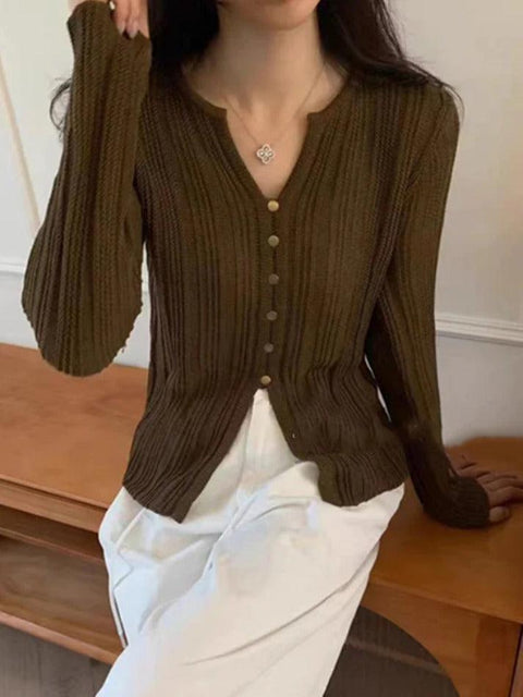 Solid V Neck Slit Long Sleeve Knit - HouseofHalley