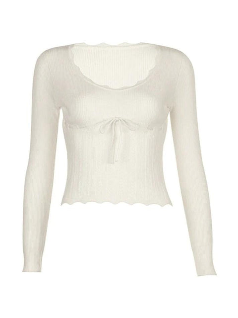 French Solid Pointelle Wavy Trim Lacing Sweater - HouseofHalley