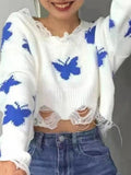 Butterfly Print Ripped Edge Off Shoulder Short Sweater - HouseofHalley