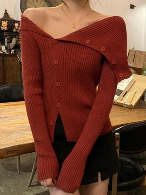Solid Irregular Lapel Neck Off Shoulder Long Sleeve Knit - HouseofHalley
