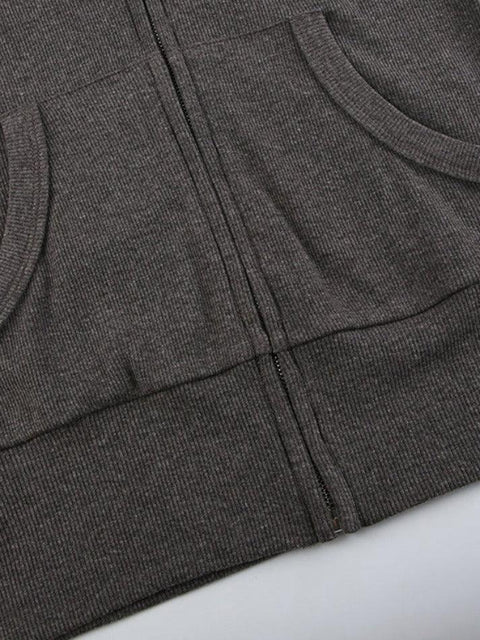 Solid Ribbed Zip Up Drawstring Hooded Long Sleeve Knit - HouseofHalley