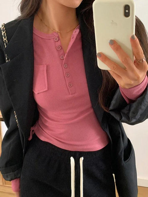 Rib Solid Breasted Slim Long Sleeve Knit - HouseofHalley