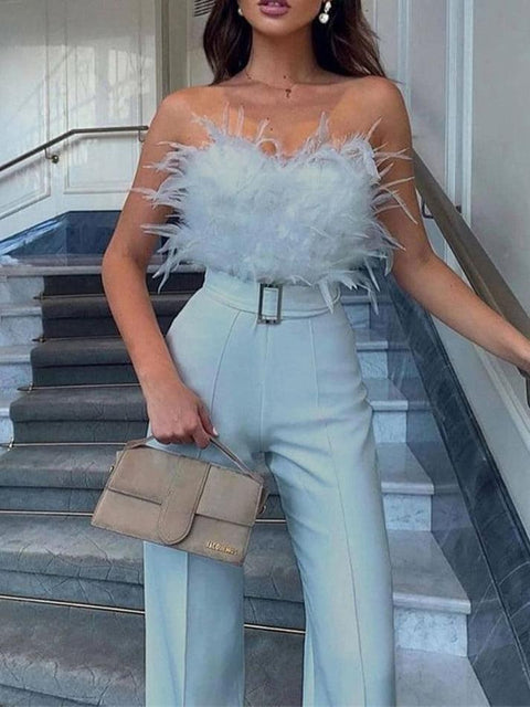 Strapless Plain Feather Accent Wide Leg Jumpsuit - HouseofHalley