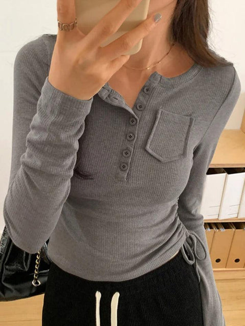 Rib Solid Breasted Slim Long Sleeve Knit - HouseofHalley