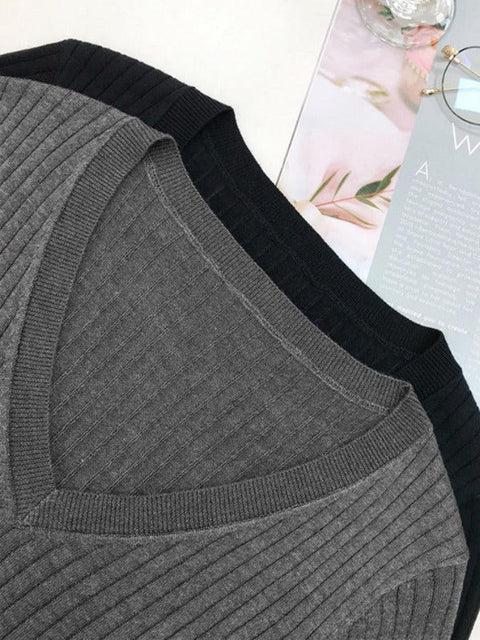 V Neck Slim Cutout Long Sleeve Knit - HouseofHalley