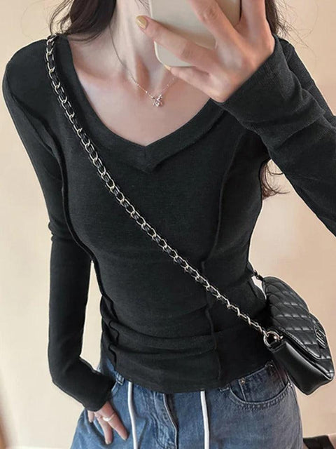 Solid V Neck Seam Detail Slim Long Sleeve Knit - HouseofHalley
