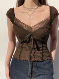 Short Sleeve V-Neck Bow-Accent Lace-Trim Textured Crop Top - HouseofHalley