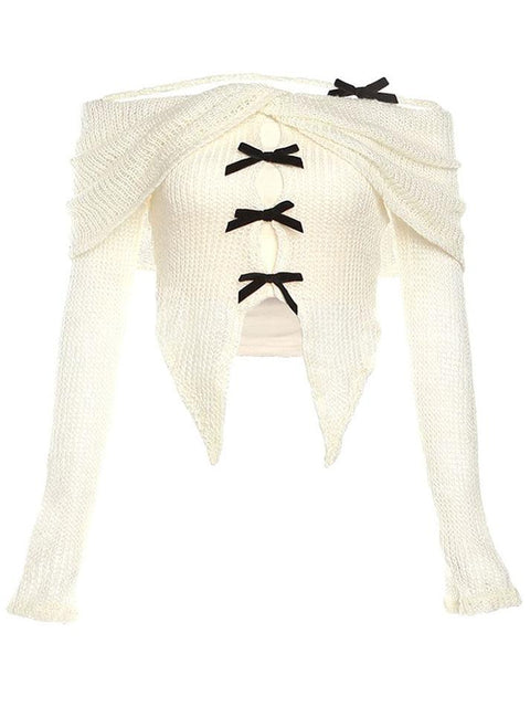 Long-Sleeve Off-Shoulder Plain Asymmetrical Bow Crop Knit Top - HouseofHalley
