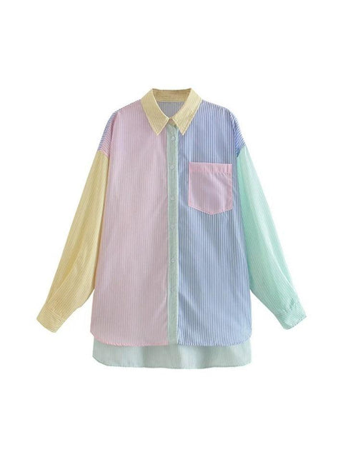 Colorful Pinstripe Splice Baggy Long Sleeve Blouse - HouseofHalley