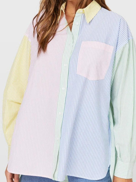 Colorful Pinstripe Splice Baggy Long Sleeve Blouse - HouseofHalley