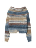 Colorful Stripe Off Shoulder Slit Slim Sweater