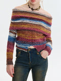 Colorful Stripe Off Shoulder Slit Slim Sweater - HouseofHalley
