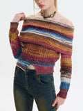 Colorful Stripe Off Shoulder Slit Slim Sweater - HouseofHalley