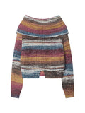 Colorful Stripe Off Shoulder Slit Slim Sweater - HouseofHalley