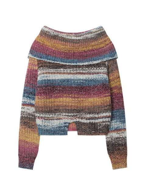 Colorful Stripe Off Shoulder Slit Slim Sweater - HouseofHalley