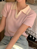 Contrast Color Polo Neck Short Sleeve Knit - HouseofHalley