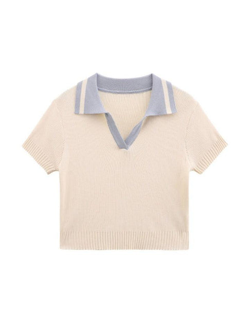 Contrast Color Polo Neck Short Sleeve Knit - HouseofHalley