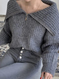 Solid Big Lapel Neck Half Zip Sweater - HouseofHalley