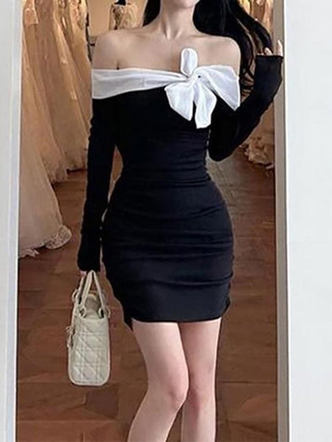 Long-Sleeve Off-Shoulder Two Tone Bow Accent Ruched Mini Bodycon Dress - HouseofHalley
