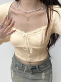 Square Neck Lace Splice Tie Front Long Sleeve Tee - HouseofHalley