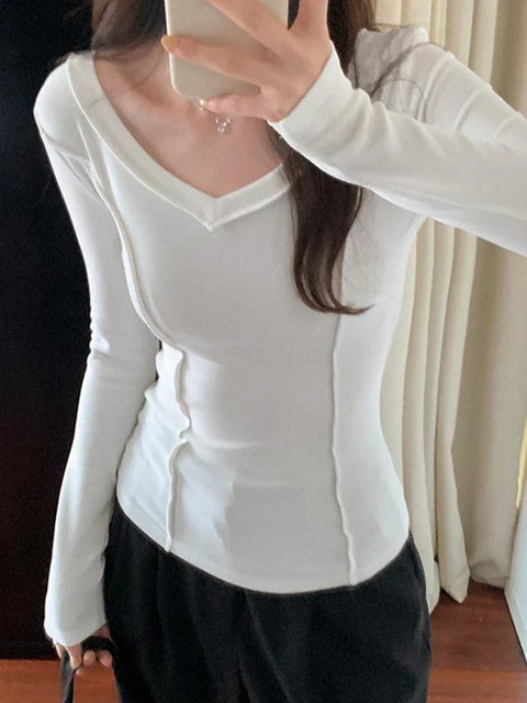 Solid V Neck Seam Detail Slim Long Sleeve Knit - HouseofHalley