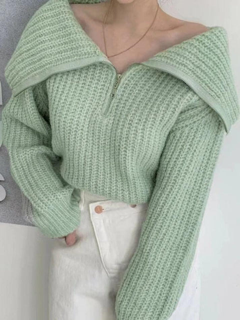Solid Big Lapel Neck Half Zip Sweater - HouseofHalley