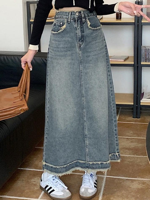 Denim Raw Edge Hem Midi Skirt - HouseofHalley