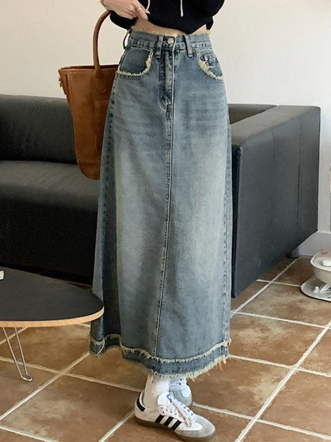 Denim Raw Edge Hem Midi Skirt - HouseofHalley