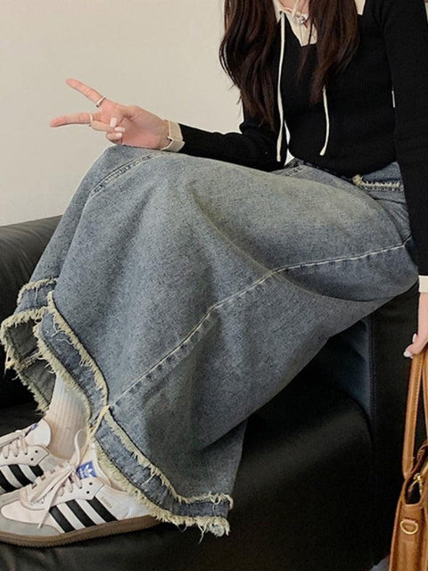 Denim Raw Edge Hem Midi Skirt - HouseofHalley