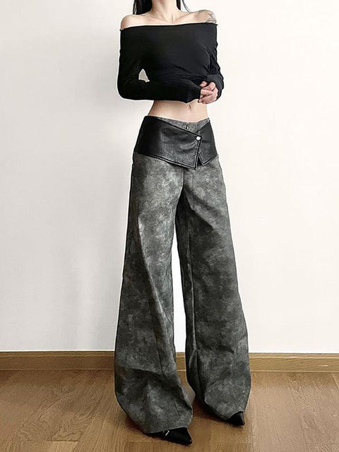 Low Waist Tie Dye Panel Faux Leather Wide Leg Pants - HouseofHalley