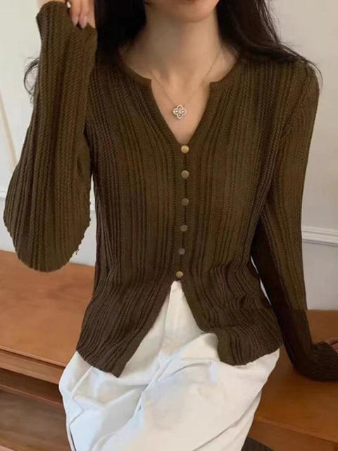 Solid V Neck Slit Long Sleeve Knit - HouseofHalley