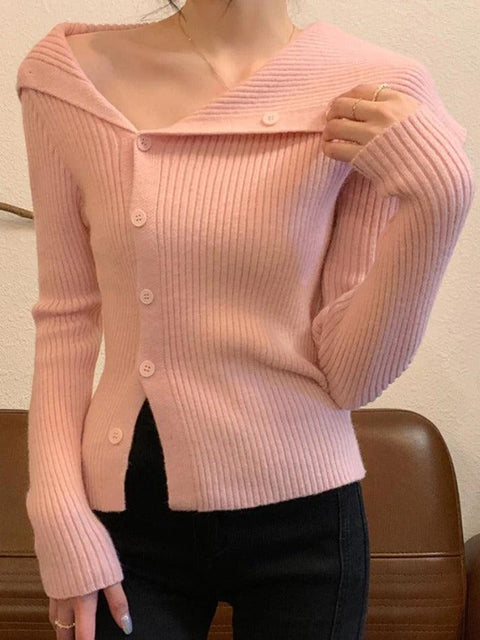 Solid Irregular Lapel Neck Off Shoulder Long Sleeve Knit - HouseofHalley