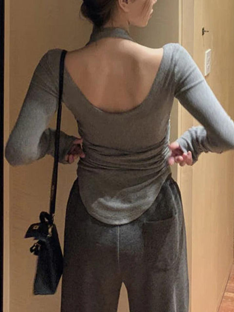 Solid Halter Backless Curvy Hem Long Sleeve Knit - HouseofHalley