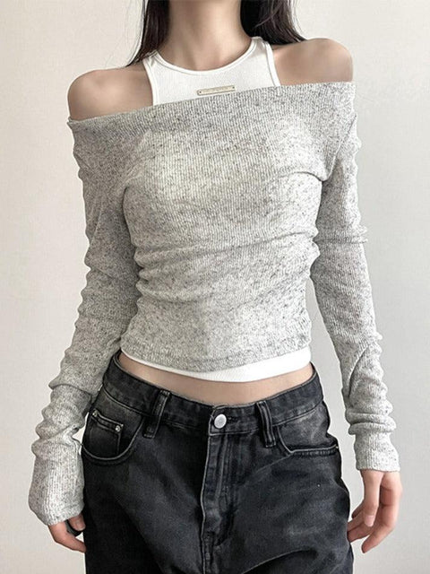 Slim Tank Top Cowl Neck Two Piece Long Sleeve Knit - HouseofHalley