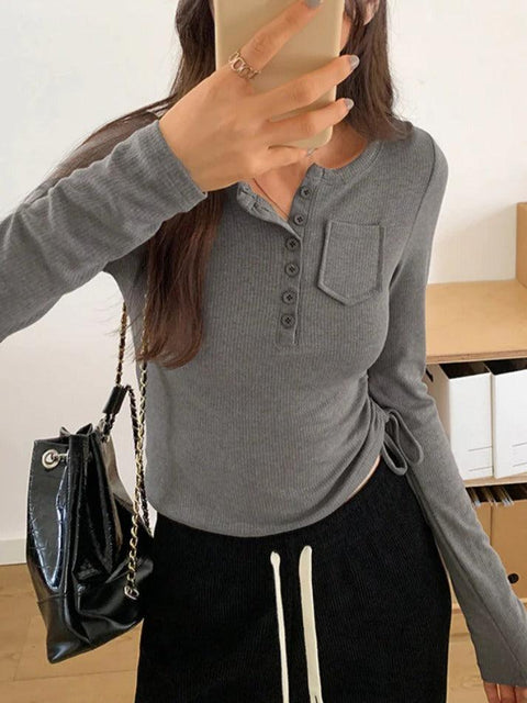 Rib Solid Breasted Slim Long Sleeve Knit - HouseofHalley