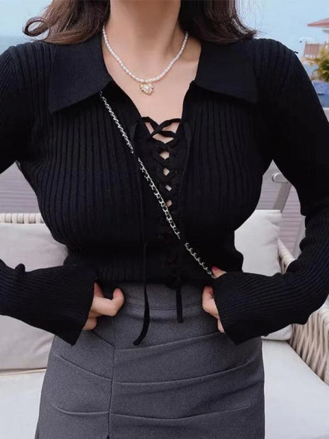 Solid Drawstring Tie Front Lapel Neck Ribbed Sweater - HouseofHalley
