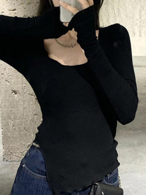 Solid Color Fungus Trim Irregular Hem Long Sleeve Knit - HouseofHalley