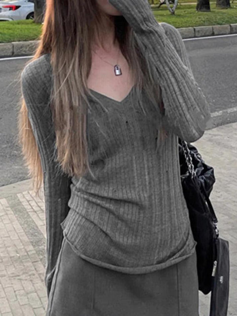 V Neck Slim Cutout Long Sleeve Knit - HouseofHalley