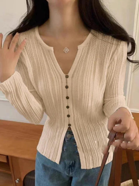 Solid V Neck Slit Long Sleeve Knit - HouseofHalley