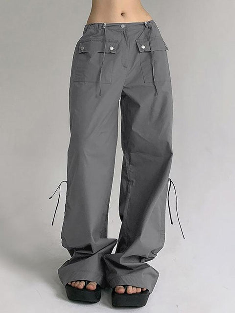 Low Waist Plain Drawstring Loose-Fit Wide-Leg Cargo Pants - HouseofHalley
