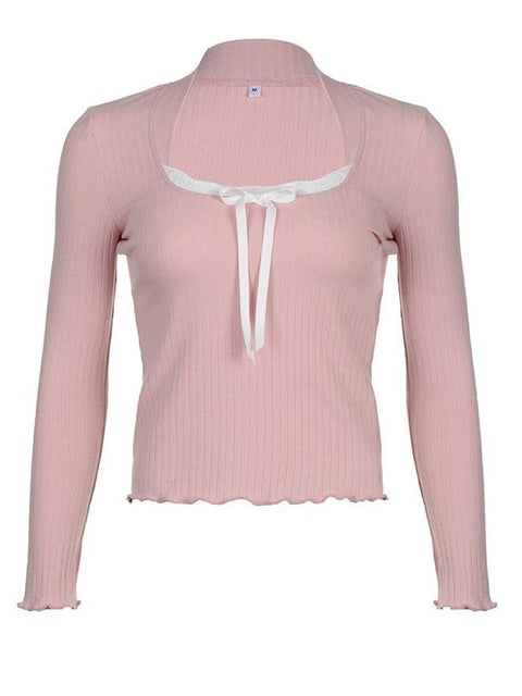 Long-Sleeve Scoop Neck Bow Accent Lace Trim Knit Top - HouseofHalley
