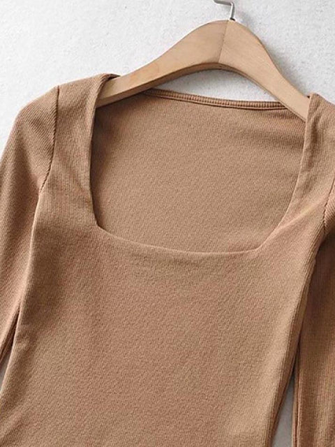 Long-Sleeve Square Neck Plain Cropped T-Shirt - HouseofHalley