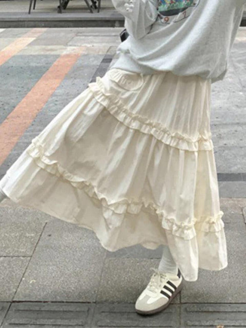 Pleated Elastic Waist Fungus Splice Tiered Midi Skirt - HouseofHalley