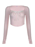 Long Sleeve Square-Neck Lace-Trim Bow Accent Crop Top - HouseofHalley