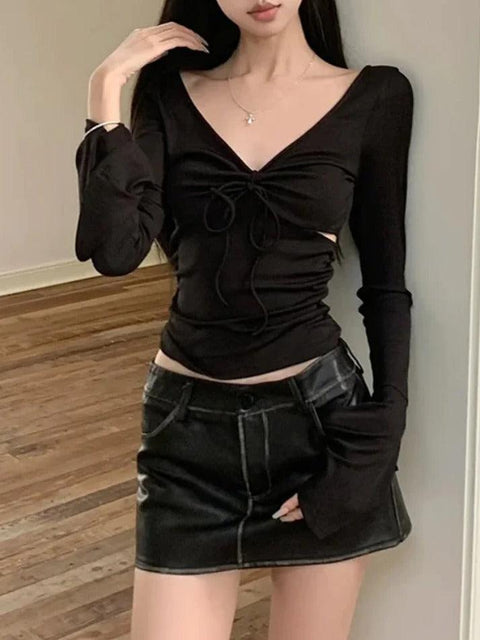 Solid V Neck Side Cutout Trumpet Sleeve Long Sleeve Knit - HouseofHalley