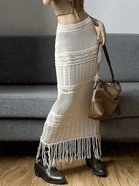 Fringed Crochet Hollow Knit Long Skirt - HouseofHalley